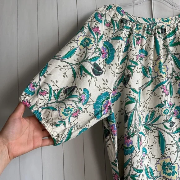 LOFT size L puff sleeve midi dress linen blend beige floral belted split neck - Picture 13 of 16